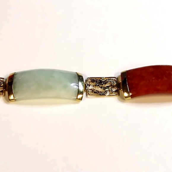 14K Gold Multi Jade Dragon Link Gemstone Bracelet Vintage - Picture 4 of 5